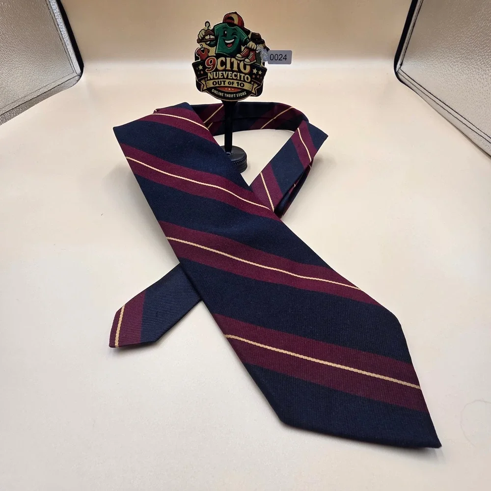 The Mans Shop Silk Regimental Stripe Tie Navy Burgundy Gold Organzine Warp Mens
